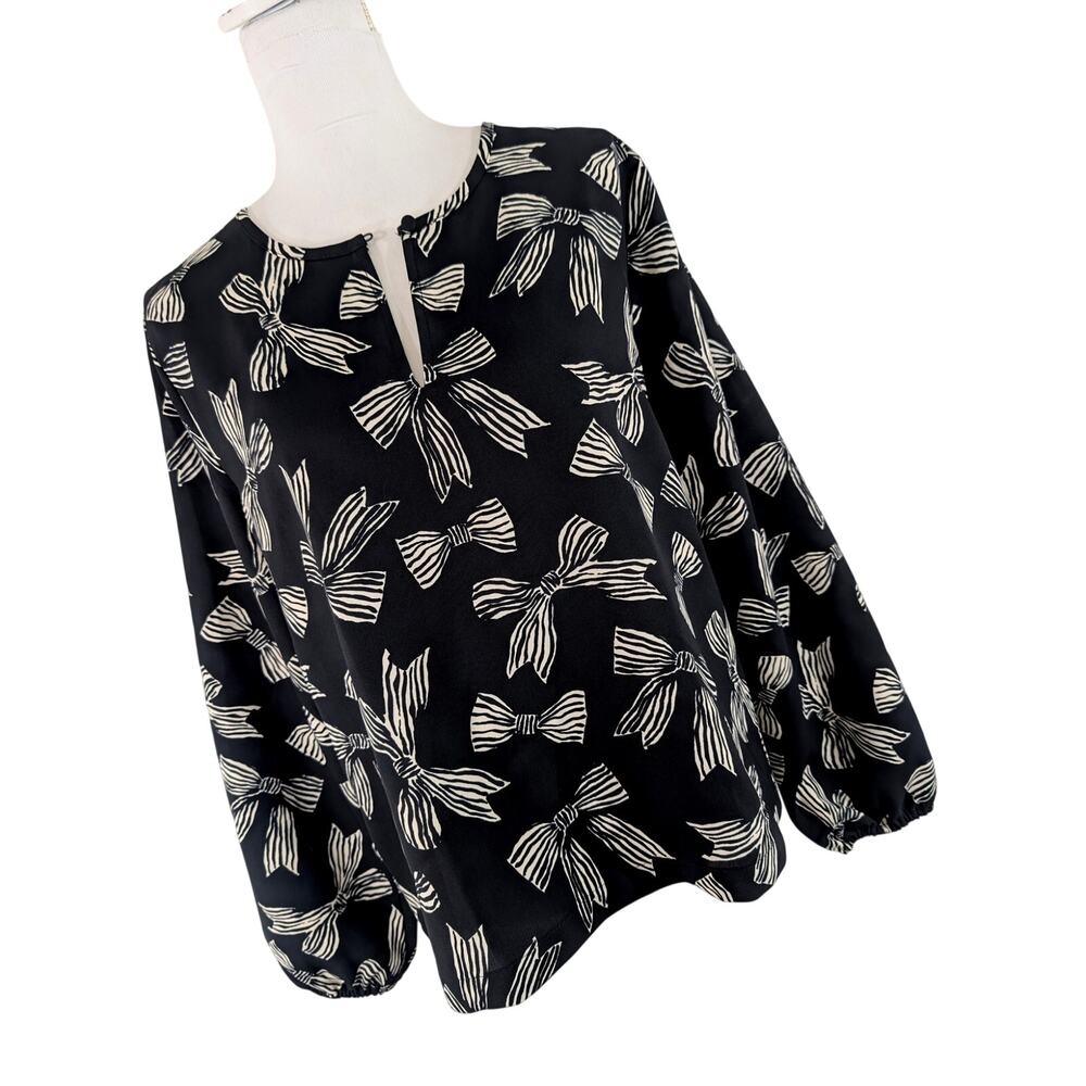 NWOT! LOFT! BLACK & CREAM RIBBONED BOWS, BUTTON NECK, POUF SLEEVE BLOUSE, TOP! M